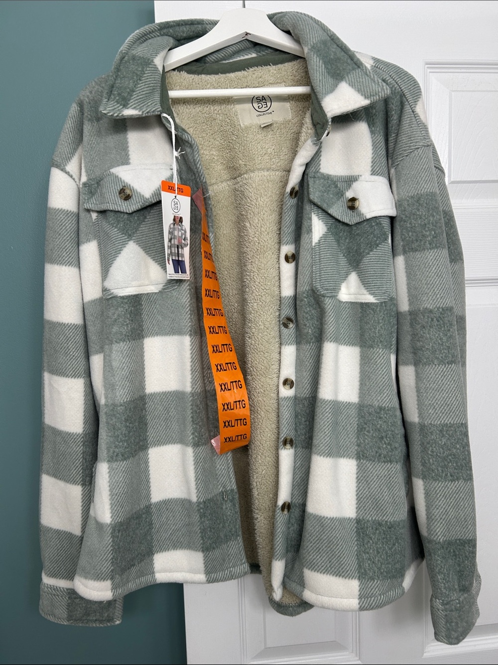 Sage Green & White Plaid Teddy-Lined Shacket by Sage